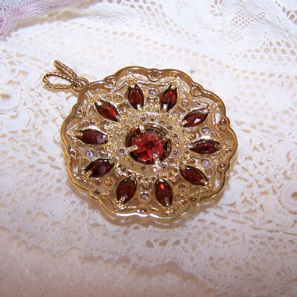 Sterling Silver Vermeil Red / Clear Cubic Zirconia CZ Round Pendant - Picture 8 of 9